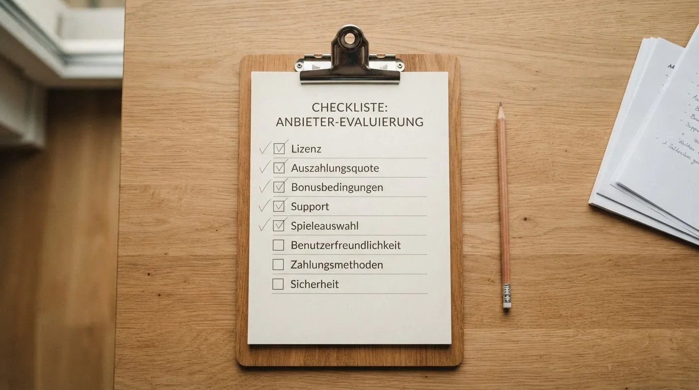 Checkliste mit angehakten Bewertungskriterien auf einem Klemmbrett.