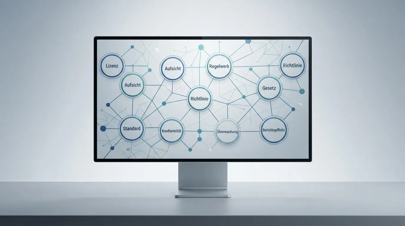 Diagramm mit verbundenen Kreisen, das ein Regelwerk symbolisiert, auf einem Bildschirm.