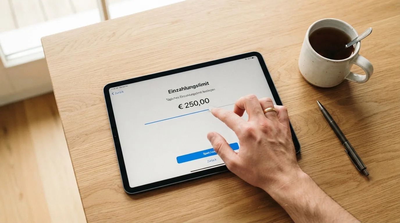Formularmaske für Einzahlungslimits auf einem Tablet-Bildschirm.